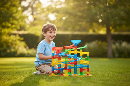 Boy playing with marble run in garden